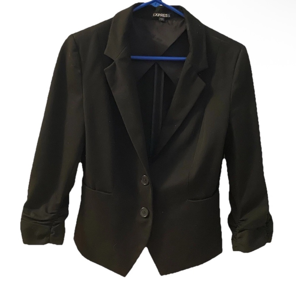 Express Women's Cropped Black Blazer- 3/4 ruched sleeve